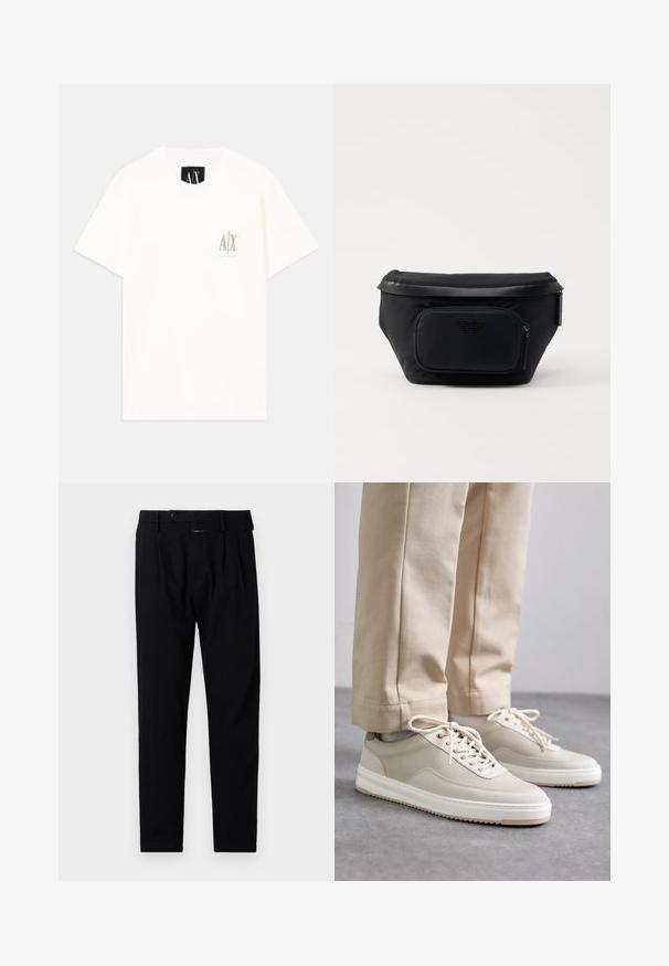 Hvid kortærmet bomulds t-shirt med et lille broderet logo i beige på brystet. Rund halsudskæring med en afslappet pasform.; Sorte bukser med en skrædderfitting, der har glat front, enkelte plisseringer og en knaplukning. Lavet af glat stof, velegnet til formelt tøj.; Beige sneakers med en tekstureret overdel, hvide såler og stikninger, parret med beige bukser, præsenteret på en grå overflade.; Sort nylon taske med en frontlomme med lynlås, der har en glat overflade og et logo som accent. Struktureret design med fold-over top.