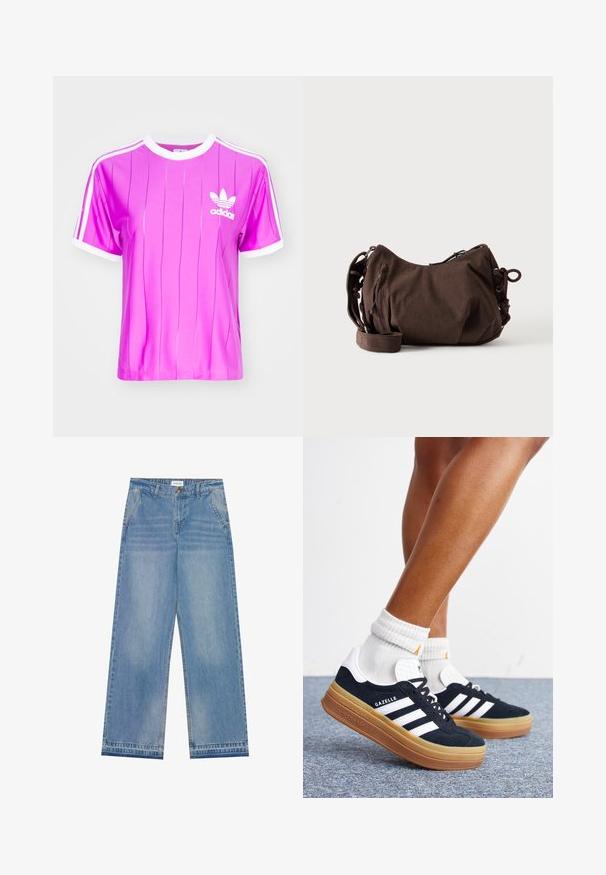 adidas Originals 3 S TEE - Camiseta estampada - purple burst; Jeans de pierna ancha de cintura alta en azul claro con cierre de botón, bolsillos frontales, pasadores para cinturón y un sutil desgaste.; Piernas con calcetines blancos y zapatillas Adidas Gazelle negras con rayas blancas y suelas marrones gruesas sobre un suelo alfombrado gris.; Bolso bandolera de pana marrón con correa ajustable, cierre de cremallera y detalles laterales con cordón sobre fondo blanco.