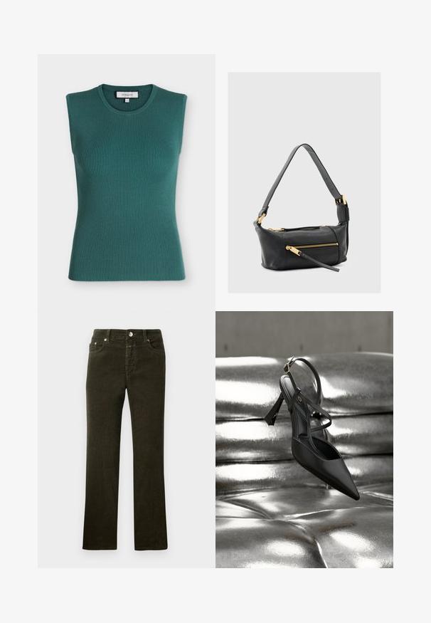Haut sans manches en maille côtelée couleur bleu sarcelle foncé avec un col rond et une silhouette ajustée.; Pantalons en velours côtelé droit, de couleur vert olive sombre, avec un design à cinq poches, un bouton en métal et une fermeture éclair. Texture douce avec un motif côtelé visible.; Chaussure à talon noir à bout pointu et dos ouvert. Comprend une fine bride autour de la cheville et une semelle texturée. Design épuré et minimaliste mis en valeur par un arrière-plan métallique brillant.; Sac à bandoulière en cuir noir avec deux poches zippées, détails en métal doré et une large sangle réglable. Texture lisse et forme rectangulaire.