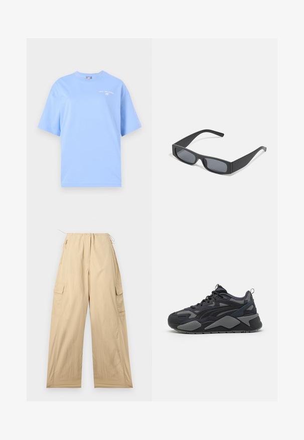 New Balance REIMAGINED OVERSIZED - T-Shirt print - electric sky; Beige Cargo-Hosen mit lockerer Passform, ausgestattet mit einem Kordelzugbund, zwei Seitentaschen und einem glatten, leichten Material.; Schwarze sportliche Sneaker mit Obermaterial aus Mesh und Textil in Grauakzenten, einer robusten Sohle und markanten Designlinien.; Schwarze rechteckige Sonnenbrillen mit dunklen Gläsern und dicken matten Rahmen. Die Bügel sind leicht verjüngt und haben eine glatte Oberfläche.