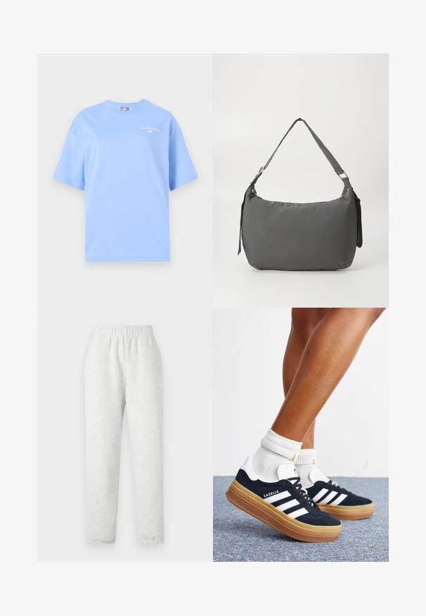 New Balance REIMAGINED OVERSIZED - T-shirts print - electric sky; Lys grå sweatpants med elastisk talje, tapered ben og ribbede manchetter. Fremstillet af et blødt, tekstureret stof. Hvid logo detalje på siden.; Ben iført hvide sokker og sorte Adidas Gazelle sneakers med hvide striber og tykke brune såler på et gråt tæppe.; Grå polstret skuldertaske med en buet form, en glat tekstur, justerbar strop og et diskret prægede logo på forsiden.