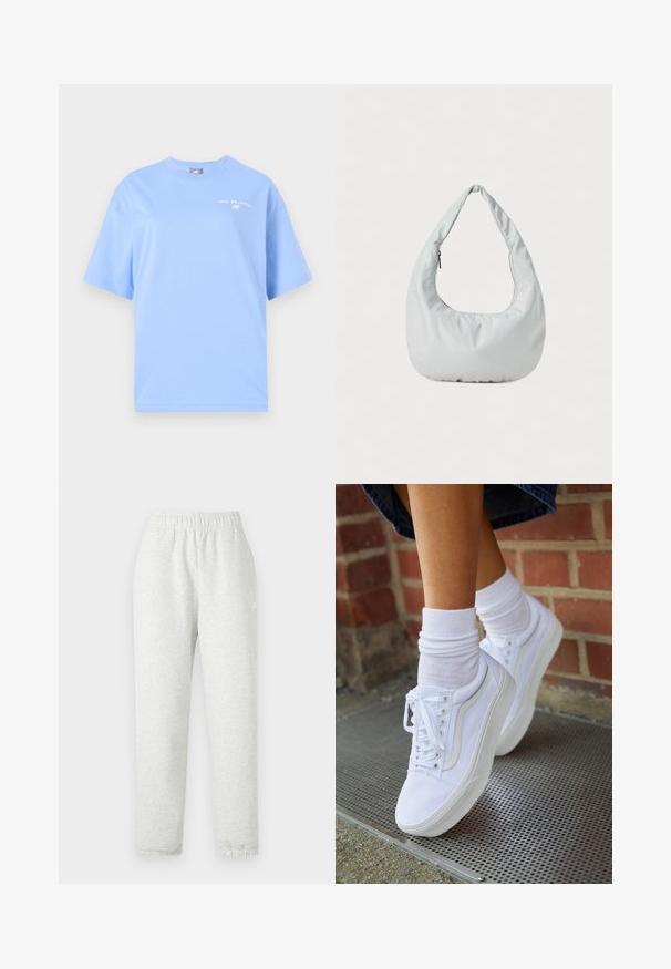 New Balance REIMAGINED OVERSIZED - Tričko s potlačou - electric sky; Svetlo šedé tepláky s elastickým pásom, zúženými nohavicami a rebrovanými manžetami. Vyrobené z mäkkej, štruktúrovanej tkaniny. Biele logo na boku.; Biele plátené tenisky s gumovou podrážkou, s piatimi dierkami na šnúrky, okrúhlou špičkou a svetlými švami, doplnené o biele členkové ponožky.; Mäkká, svetlošedá hobo taška vyrobená z syntetického materiálu. Obsahuje jeden polstrovaný popruh a bočné vrecko so zipsom.