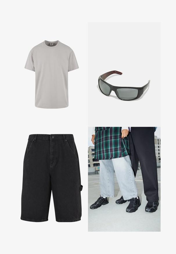 Helles graues Baumwoll-T-Shirt, kurze Ärmel, Rundhalsausschnitt, lockere Passform, glatte Textur, keine Muster oder sichtbaren Grafiken. Sauberes Design.; Schwarze Denim-Shorts mit lockerer Passform, Fronttaschen und seitlicher Akzenttasche. Der Stoff hat eine subtile Textur und eine robuste Verarbeitung.; Schwarze Sportschuhe mit Mesh- und Gummielementen. Kombiniert mit hellgrauen weiten Jeans und einem karierten grünen Oberteil. Flacher Hintergrund.; Arnette HOT SHOT - Sonnenbrille - dark grey
