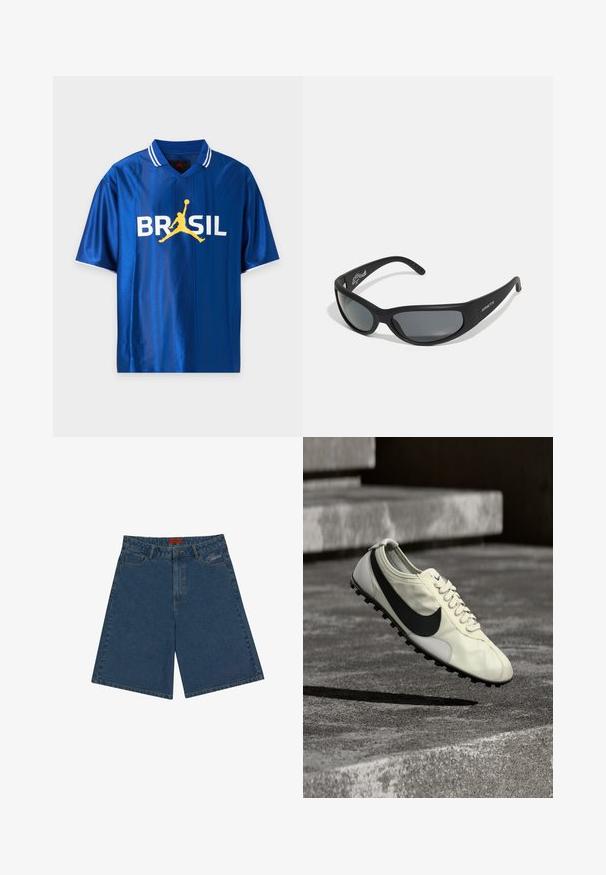 Blå sports-T-shirt med korte ærmer, hvide striber på kraven og ordet BRASIL i hvid med en gul silhuet af en basketballspiller i midten.; Mørkeblå denimshorts med mid-rise talje, trykknaplukning, forlommer og broderet logo på venstre side.; Hvid Nike-sneaker med sort Swoosh-logo, snørebånd og gummisål med trækkraft, vist midt i luften over betonstrappen.; Sorte solbriller med en buet ramme og mørke linser. Har en mat overflade og mærkenavnet "ARNETTE" på siden.