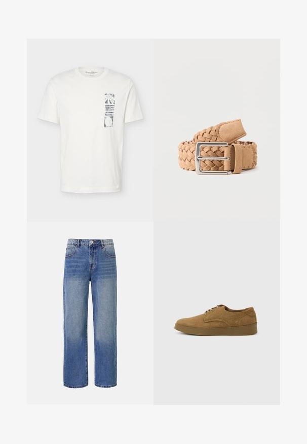 Witte T-shirt met korte mouwen, ronde hals en een zwart abstract rechthoekig patroon op de linkerborst.; Lichtblauwe denim wijdvallende jeans met een vervagend patroon, vijf zakken en een ritsluiting. Kenmerkt zich door een knoop en riemlussen op de taille.; Bruine suède veterschoen voor vrijetijdskleding met een platte rubberen zool, zijaanzicht tegen een eenvoudige lichte achtergrond.; Gevlochten beige suède riem met een zilverkleurige rechthoekige metalen gesp, opgerold op een effen lichte achtergrond.