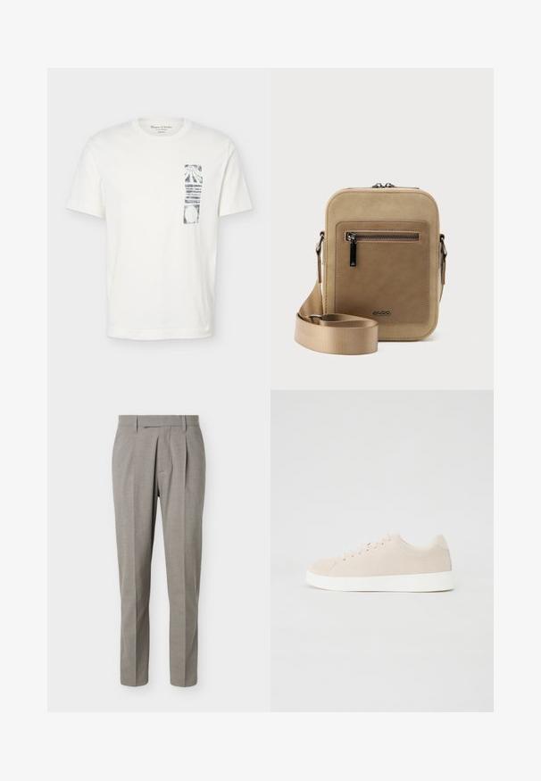 T-shirt blanc à manches courtes avec col rond et graphique abstrait rectangulaire noir sur la partie gauche de la poitrine.; Pantalon gris clair sur mesure à jambes droites, passants pour ceinture, plis avant et taille nette sur fond blanc.; Baskets en daim beige avec semelles en caoutchouc blanc, bout rond et six œillets pour les lacets. Texture lisse avec un design minimaliste.; Petit sac bandoulière beige avec poche avant zippée, logo métallique ALDO, sangle large ajustable et forme rectangulaire arrondie sur fond blanc.