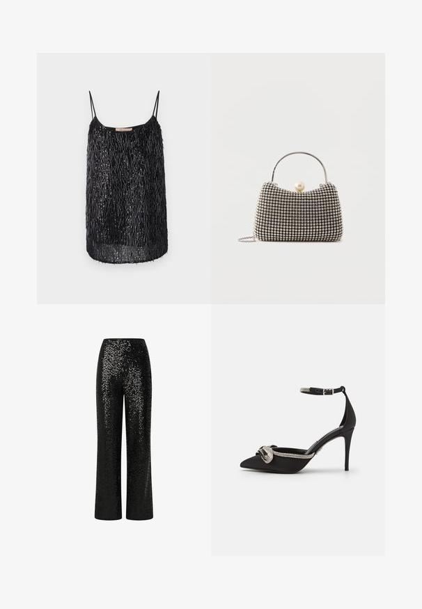 Top negro sin mangas con un corte holgado, que presenta un diseño de flecos texturizados y lentejuelas, añadiendo profundidad y brillo a la tela.; Pantalones de lentejuelas negras con un diseño de pierna recta, que presentan una cinturilla suave y una textura reflectante, creando un efecto brillante.; Zapato de tacón stiletto negro con punta afilada, con una tira adornada con cristales plateados y un detalle de lazo en la parte frontal. Material liso.; Pequeño bolso de mano con patrón de cuadrícula plateada, asa curva, gran cierre de perla y una delgada correa de cadena plateada sobre un fondo liso.