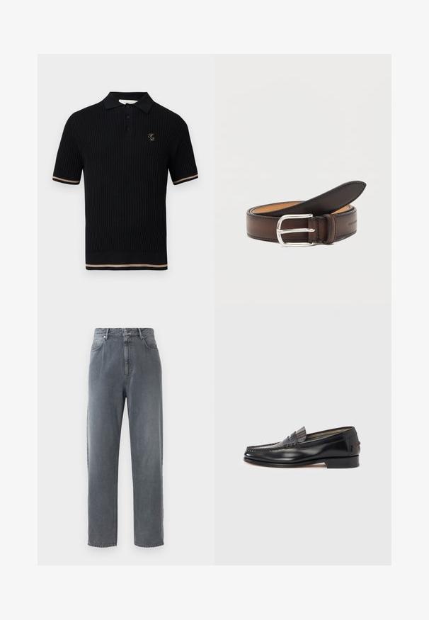 Sort ribbet polo-shirt med korte ærmer og tre knapper, beige striber på ærmekanter og kant forneden samt lille gyldent "FP"-logo på venstre bryst.; Højtraljede, lige ben jeans i falmet grå denim, med fem lommer, knaplukning og subtil falmning på stoffet.; Sorte læderloafers med moccasin-design, der har en dekorativ bånd og syningsdetaljer på overdelen. Lav blokhæl.; Mørkebrun læderbælte rullet sammen med sølv rektangulært spænde på hvid baggrund.