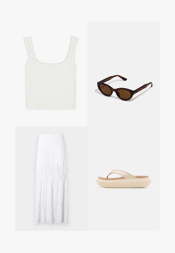 Witte geribde tanktop met een vierkante hals en brede bandjes. Voorzien van een golvende rand langs de halslijn en armsgaten.; Witte, gelaagde maxi-rok gemaakt van lichtgewicht stof. Voorzien van een elastische tailleband en een subtiele textuur met horizontale naden.; Beige slippersandalen met een brede teband en een dikke, ronde zool. Beschikt over een glad bovenmateriaal en een contrasterend bruine voetbed.; Bruine schildpad zonnebril met een vintage cat-eye vorm en bruine lenzen. Heeft gebogen armen met rode accenten.