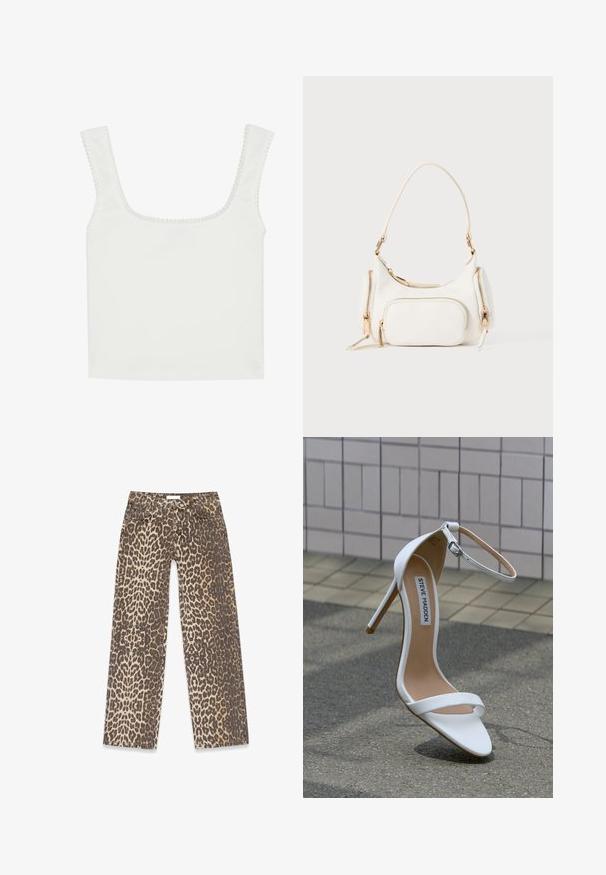 Hvid, ribbet tanktop med firkantet halsudskæring og brede stropper. Funktioner med bølgeformet kant langs halsudskæringen og armhulen.; Leopardskindede denimjeans med en neutral beige og brun farvepalet, lige ben-design og traditionelle lomme-detaljer.; Hvid højhælet sandal med ankelrem, spids snude, glat lædertekstur og en slank stiletthæl. "Steve Madden" mærke synligt.; Hvid håndtaske med en kort skulderrem, tekstureret overflade, flere lynlåslommer og detaljer i guldfarvet metal. Kompakt og moderne design.