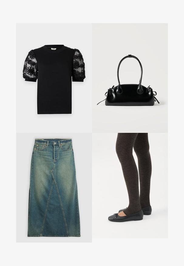 Sort T-shirt med rund halsudskæring og korte ærmer. Pufærmerne har gennemsigtigt stof med indviklet sort blomsterbroderi.; Denim nederdel med høj talje i mellemblå. Har en markant frontnaht, sideskår og standard fem-lomme design.; Ben iført mørke ribbede leggings kombineret med sorte balletsko med små sløjfedetaljer på hvid baggrund.; Lille sort blank håndtaske med to lange håndtag og snøre-detaljer i siden på en ensfarvet lys baggrund.