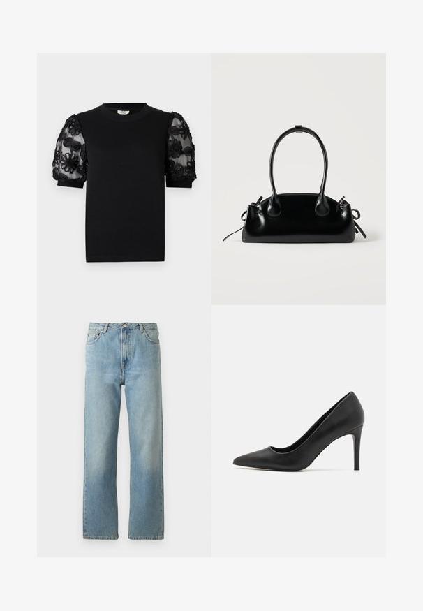 Schwarzes T-Shirt mit rundem Ausschnitt und kurzen Ärmeln. Puffärmel aus transparentem Stoff mit filigraner schwarzer Blumenstickerei.; Hellblaue Denim-Jeans mit geradem Bein, ausgestattet mit einem Fünf-Taschen-Stil und einem Knopfverschluss am Bund.; Schwarze High Heel-Pumps mit spitzer Zehenpartie, aus glattem Leder, mit einem eleganten Design und einem dünnen, zylindrischen Absatz.; Kleine schwarze glänzende Handtasche mit zwei langen Griffen und seitlichen Kordelzug-Details vor einfachem hellem Hintergrund.