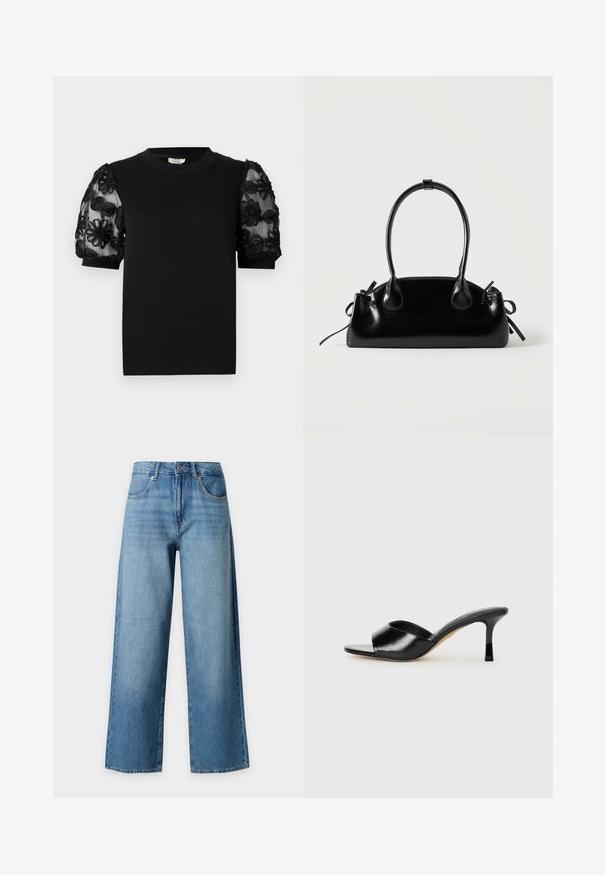 T-shirt noir avec un col rond et des manches courtes. Les manches bouffantes sont en tissu transparent avec une broderie florale noire délicate.; Jean en denim bleu à jambes larges avec poches avant, passants de ceinture et fermeture à boutons sur fond blanc.; Mules à talons hauts en cuir noir avec un design à bout ouvert et une large sangle supérieure incurvée. Texture lisse et silhouette élégante.; Petit sac à main noir brillant avec deux longues anses et des détails à cordon sur les côtés sur un fond clair uni.