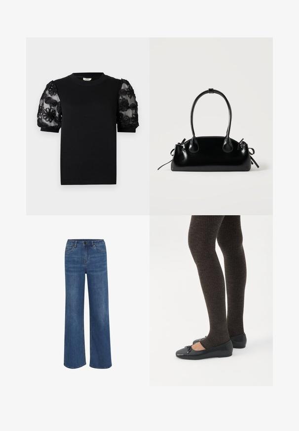 Sort T-shirt med rund halsudskæring og korte ærmer. Pufærmerne har gennemsigtigt stof med indviklet sort blomsterbroderi.; Bredde jeans lavet af medium blå denim. Har en knap- og lynlåslukning, fem lommer og subtil falmning på stoffet.; Ben iført mørke ribbede leggings kombineret med sorte balletsko med små sløjfedetaljer på hvid baggrund.; Lille sort blank håndtaske med to lange håndtag og snøre-detaljer i siden på en ensfarvet lys baggrund.