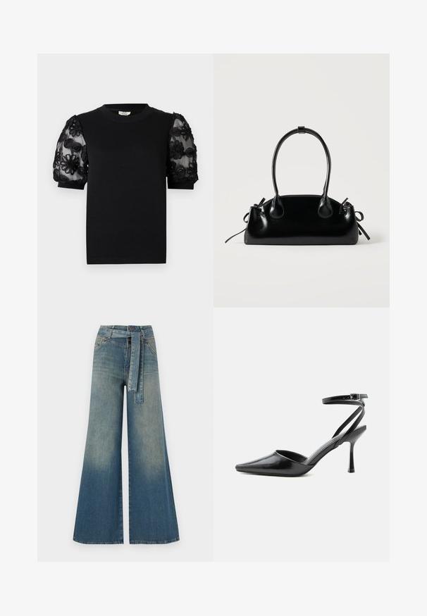 Camiseta negra con cuello redondo y mangas cortas. Las mangas abullonadas tienen tela transparente con bordados negros de flores intrincadas.; Pantalones de mezclilla de pierna ancha con un degradado de azul claro a oscuro, cintura alta, trabillas para cinturón y un cinturón de tela a juego. Acabado de mezclilla texturizada.; Zapato de tacón alto negro de punta fina con delgadas correas en el tobillo y cierre de hebilla plateada sobre un fondo liso claro.; Pequeño bolso negro brillante con dos asas largas y detalles de cordón lateral sobre un fondo claro liso.