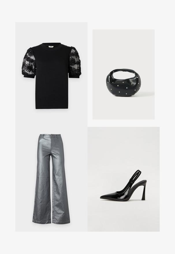 T-shirt noir avec un col rond et des manches courtes. Les manches bouffantes sont en tissu transparent avec une broderie florale noire délicate.; Pantalons à jambes larges en tissu métallique argenté brillant. Comprend des poches avant, une fermeture à bouton et des ourlets droits. Texture lisse et design épuré.; Escarpin en cuir verni noir à talon aiguille, à bout pointu, avec une sangle élastique double pour un maintien sécurisé. Surface lisse et brillante.; Sac à main en cuir noir de forme arrondie, décoré de clous argentés et équipé d'une poignée courte. Texture lisse et fermeture éclair.