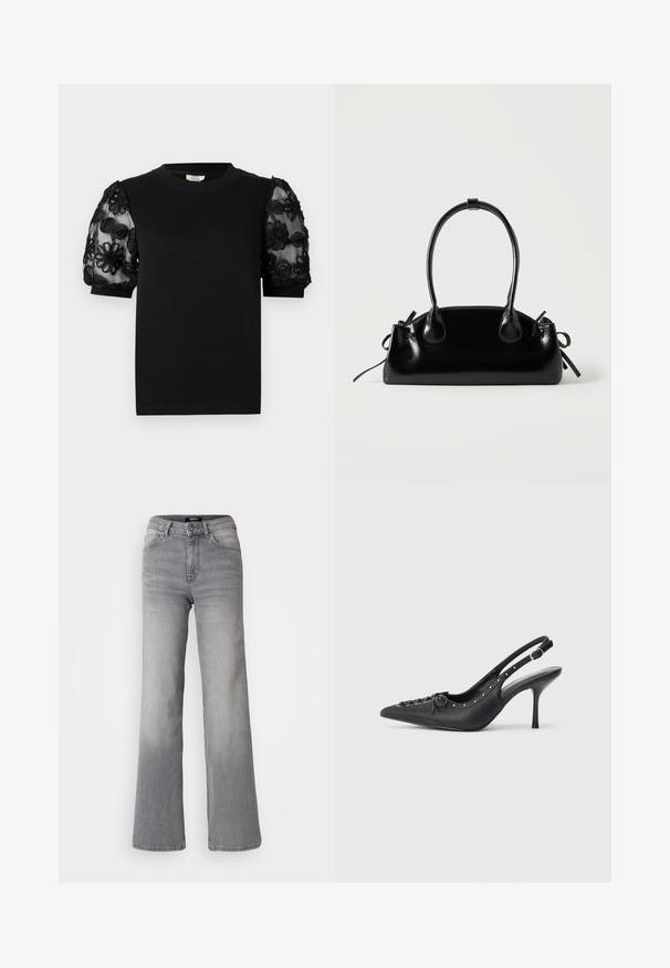 Schwarzes T-Shirt mit rundem Ausschnitt und kurzen Ärmeln. Puffärmel aus transparentem Stoff mit filigraner schwarzer Blumenstickerei.; Hochtaillierte graue Denim-Jeans mit geradem Bein, Frontknopf und Reißverschluss, Vorder- und Gesäßtaschen sowie ausgewaschenen Schattierungen an Oberschenkeln und Waden.; Schwarzer Leder-Slingback-Stiletto mit spitzem Zehenaufsatz, seitlichem Schnallenriemen, Nieten entlang der Kante und dekorativer Schnürung vorne.; Kleine schwarze glänzende Handtasche mit zwei langen Griffen und seitlichen Kordelzug-Details vor einfachem hellem Hintergrund.