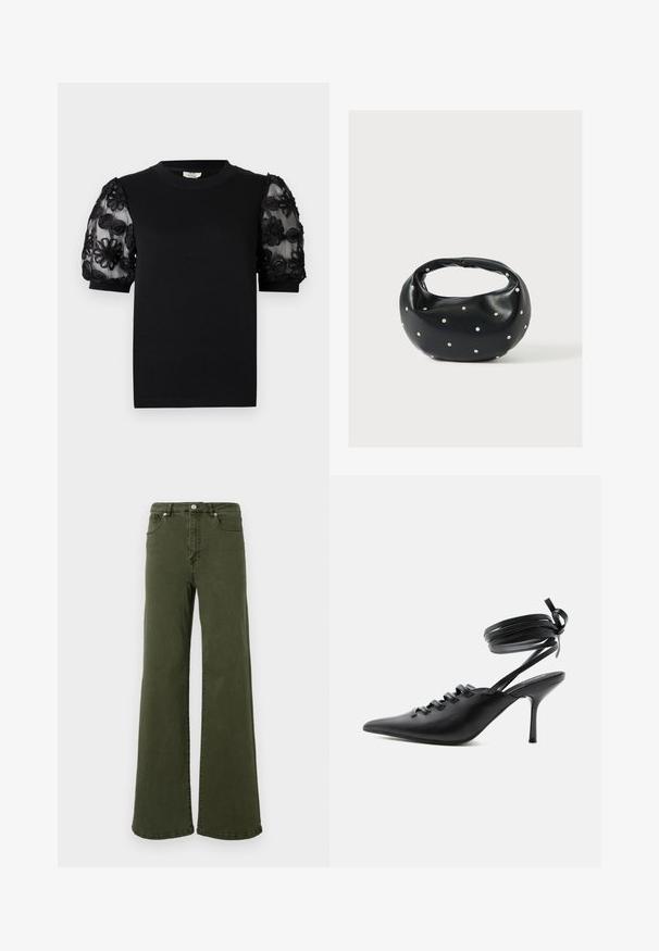 Zwart T-shirt met een ronde halslijn en korte mouwen. Pofmouwen zijn gemaakt van doorschijnende stof met gedetailleerde zwarte bloemenborduursels.; Olijfgroene flared jeans van katoen, met een hoge taille, vijf-pocket ontwerp, metalen knop en stiksels langs de naden.; Zwarte pumps met spitse neus en hoge hak, met veters aan de voorkant en riempjes die rond de enkel wikkelen en zijn gestrikt in een strik, gezien vanaf de zijkant tegen een witte achtergrond.; Zwarte leren handtas met een afgeronde vorm, versierd met zilveren studs, en een korte handgreep. Gladde textuur en ritsluiting.