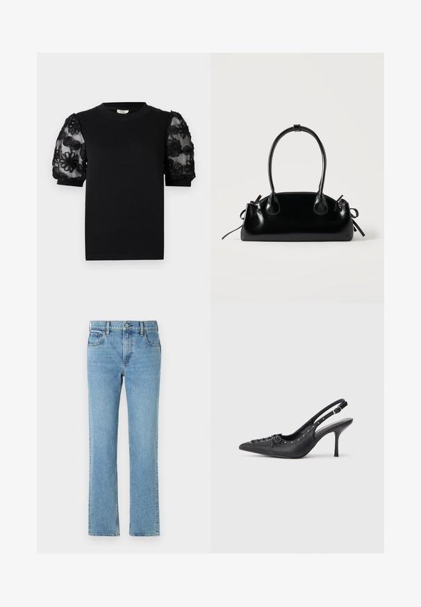 Sort T-shirt med rund halsudskæring og korte ærmer. Pufærmerne har gennemsigtigt stof med indviklet sort blomsterbroderi.; Lysblå denimjeans med lige pasform, fem lommer, knap- og lynlåslukning samt subtil fading. Klassisk, enkelt design.; Sorte læder slingback stiletto med spids tå, side spændebånd, nitter langs kanten og dekorativ snøring foran.; Lille sort blank håndtaske med to lange håndtag og snøre-detaljer i siden på en ensfarvet lys baggrund.