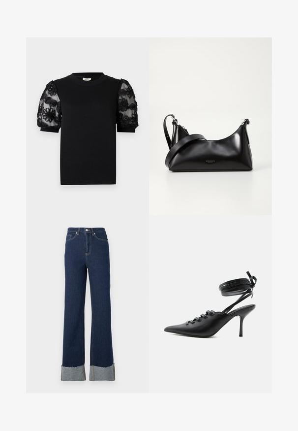 Sort T-shirt med rund halsudskæring og korte ærmer. Pufærmerne har gennemsigtigt stof med indviklet sort blomsterbroderi.; Mørkeblå denim flare jeans med høj talje, med rå kant og lettere denimopstykkede detaljer ved anklerne. Sølvknaplukning.; Sort spids sko med høje hæle, snørelukning foran og omlægning omkring anklerne bundet med sløjfe, vist fra siden på hvid baggrund.; Sort læderhåndtaske med en glat tekstur. Har en justerbar stropp og et enkelt, minimalistisk design med lynlås.