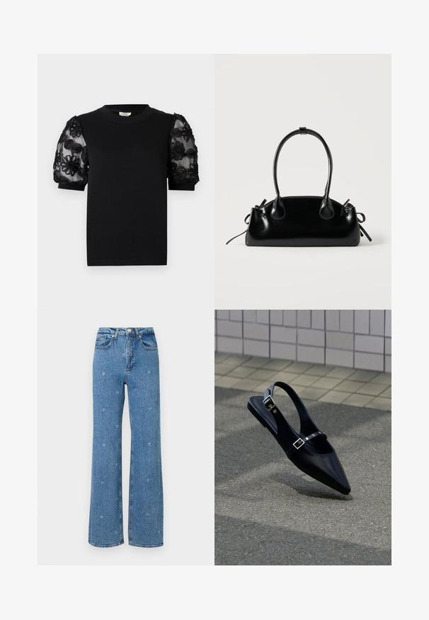 Sort T-shirt med rund halsudskæring og korte ærmer. Pufærmerne har gennemsigtigt stof med indviklet sort blomsterbroderi.; Blå høj talje lige ben jeans med små hvide blomsterbroderier spredt over stoffet.; Sort flad slingback med spids tå og dobbelte spænder, hvilende på grå asfalt nær flisevæg.; Lille sort blank håndtaske med to lange håndtag og snøre-detaljer i siden på en ensfarvet lys baggrund.