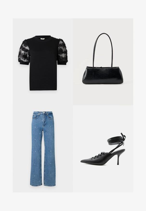 Camiseta negra con cuello redondo y mangas cortas. Las mangas abullonadas tienen tela transparente con bordados negros de flores intrincadas.; Jeans de talle alto en azul, de pierna recta, con pequeños bordados de flores blancas esparcidos por la tela.; Zapato de tacón alto negro con punta puntiaguda, con cordones en la parte delantera y correas que rodean el tobillo atadas con un lazo, mostrado de lado sobre un fondo blanco.; Bolso de hombro rectangular negro con correas largas y delgadas y una textura lisa y brillante sobre un fondo liso.
