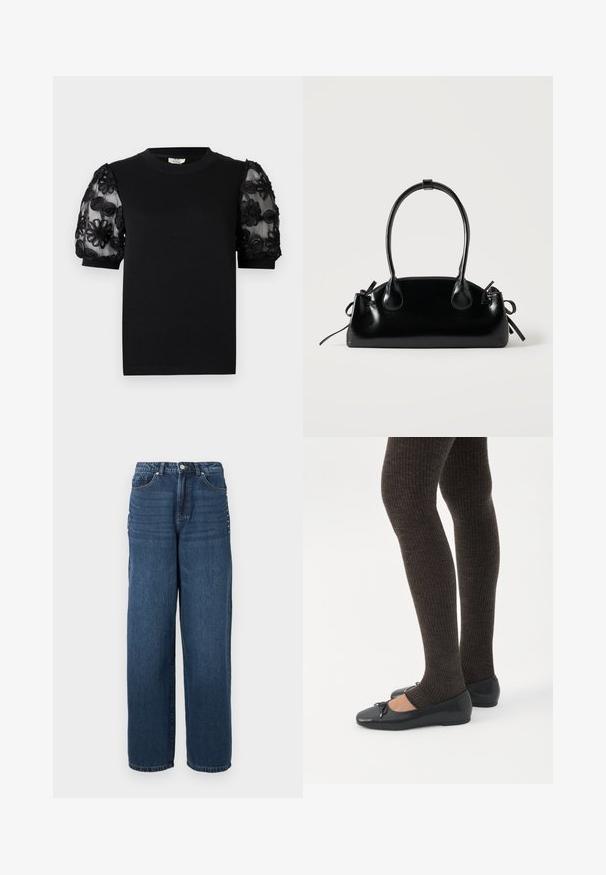 T-shirt noir avec un col rond et des manches courtes. Les manches bouffantes sont en tissu transparent avec une broderie florale noire délicate.; Jean en denim bleu foncé avec une coupe ample, un design à cinq poches et une fermeture à bouton avec des accents en métal le long des coutures latérales.; Jambes portant des leggings côtelés foncés associés à des ballerines noires avec de petits détails en nœud sur fond blanc.; Petit sac à main noir brillant avec deux longues anses et des détails à cordon sur les côtés sur un fond clair uni.