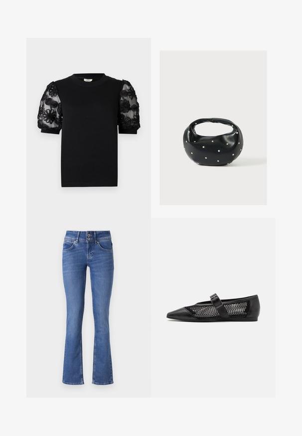 T-shirt noir avec un col rond et des manches courtes. Les manches bouffantes sont en tissu transparent avec une broderie florale noire délicate.; Jeans en denim bleu avec une coupe évasée, dotés d'une fermeture à deux boutons, de cinq poches et d'un léger effet délavé à l'avant.; Chaussure plate noire avec un bout pointu, panneaux latéraux en maille et une sangle avec une boucle décorative. Fini lisse sur les sections du bout et du talon.; Sac à main en cuir noir de forme arrondie, décoré de clous argentés et équipé d'une poignée courte. Texture lisse et fermeture éclair.