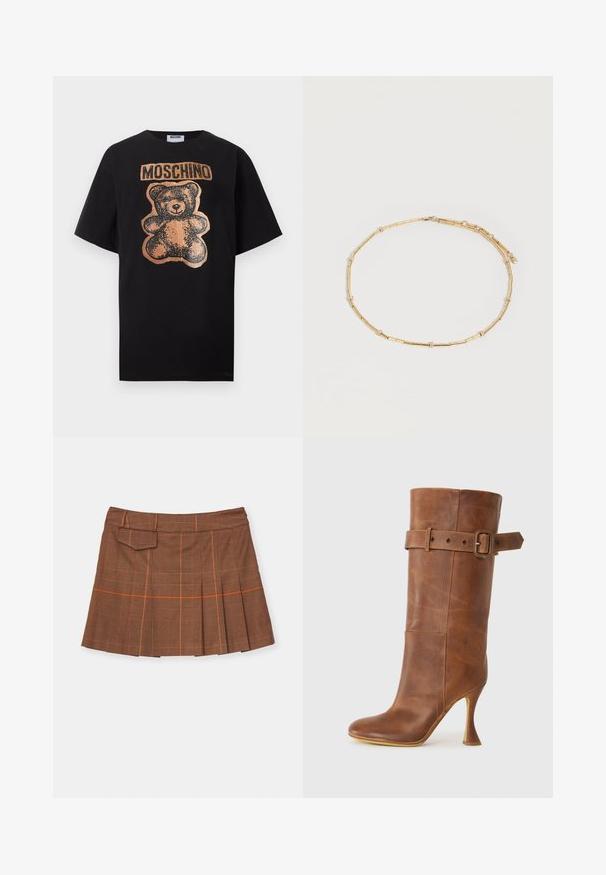 Sort T-shirt med korte ærmer med en kobberfarvet teddybjørn-grafik og fed "MOSCHINO" tekst over bjørnen på brystet.; Brunternetternet skørt med plisseret design, orange detaljer og en sidelomme. Fremstillet af tekstureret materiale med en tætsiddende talje.; Brune læder højhælede støvler med et tætsiddende design, en bred krave og en bælteaccent omkring anklen. Glat tekstur og spidse tå.; Delikat guldkæde med små cylindriske led og jævnt fordelt runde diamantaccenter på en ensartet lys baggrund.