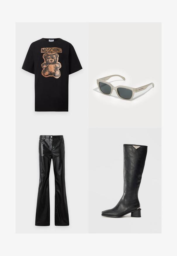 Zwart T-shirt met korte mouwen, voorzien van een koperkleurige teddybeer-afbeelding en de gedurfde tekst "MOSCHINO" boven de beer op de borst.; Rabanne Wijde jeans - black; Zwarte laars tot aan de knie van glad leer, met een vierkante neus en een middelgrote blokhak met een metallic accent op de hak.; Translucente beige zonnebril met donkere lenzen, rechthoekige vorm en merknaam op de poot. Glad oppervlak met afgeronde randen.