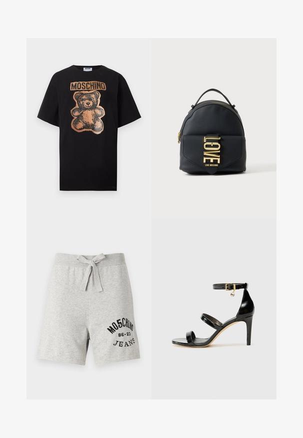 Sort T-shirt med korte ærmer med en kobberfarvet teddybjørn-grafik og fed "MOSCHINO" tekst over bjørnen på brystet.; Grå bomulds shorts med snoretræk i taljen, med et trykt sort logo på venstre ben. Afslappet design, knælang, blød tekstur.; Sorte patenterede lædersandaler med tre stropper, ankelspænde og 10 cm stiletthæl. Har detaljer i guld og et logo charms.; Sort Moschino rygsæk med topstrop, frontlomme, guldlynlås og guldmetal-logo på lommelåget.