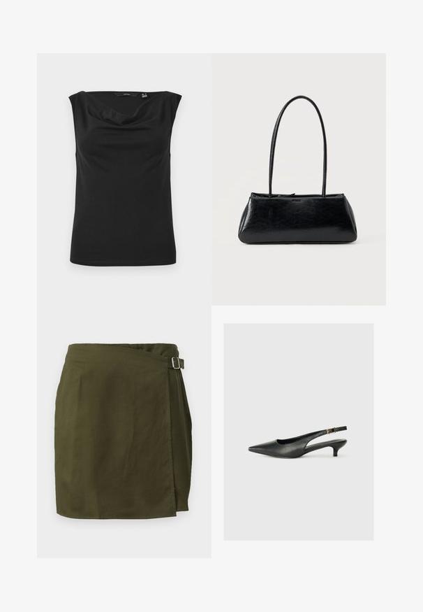 Haut noir sans manches en tissu lisse et extensible ; il présente un décolleté drapé et une silhouette ajustée avec un ourlet droit.; Jupe portefeuille en vert olive dans un tissu léger, avec une fermeture à boucle sur le côté et un ourlet légèrement asymétrique. Texture lisse.; Chaussure slingback noire à bout pointu en cuir lisse. Présente un talon fin et un détail de boucle sur la sangle réglable.; Sac à épaule rectangulaire noir avec de longues bretelles fines et une texture lisse et brillante sur un fond uni.