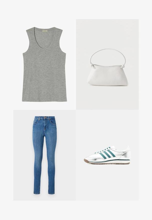 Camiseta sin mangas gris con un escote redondeado, hecha de un suave tejido de mezcla de algodón ligero; textura suave y diseño casual.; Jeans ajustados en denim azul medio, con una cintura alta, diseño clásico de cinco bolsillos, ligero desgaste y una textura suave.; Zapatilla deportiva baja blanca y plateada con rayas verdes, cordones verdes, suela blanca y suela exterior de goma, mostrada de lado sobre un fondo liso.; Bolso de mano de cuero blanco tejido con asa redondeada y extremos de la correa anudados, exhibido sobre un fondo liso.