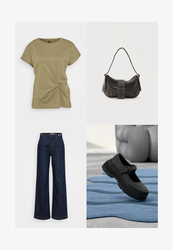 T-shirt vert olive à manches courtes en coton doux, avec un détail de nœud tordu sur le côté, et un col rond côtelé.; Jeans évasés taille haute bleu foncé avec des réglages à boutons sur la ceinture, poches avant et fermeture à glissière.; Chaussure noire style Mary Jane avec semelle épaisse nervurée et bride à boucle, reposant sur un tapis bleu texturé avec arrière-plan flou.; Sac à épaule en cuir noir avec une sangle à boucle, des bords arrondis et des coutures blanches contrastées sur un fond uni.