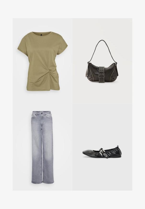 Olivenfarvet T-shirt med korte ærmer lavet af blød bomuld, med en snoet knudedetalje på siden og en ribbet rund halsudskæring.; ONLY Tall ONLJUICY WIDE LEG - Wide leg - medium grey denim; Sorte læder flade sko med spids tå, samling detaljer omkring åbningen, og en sølv spænde accent på den justerbare rem.; Sort læder skuldertaske med spænde på remmen, afrundede kanter og kontrasterende hvide syninger på en ensfarvet baggrund.