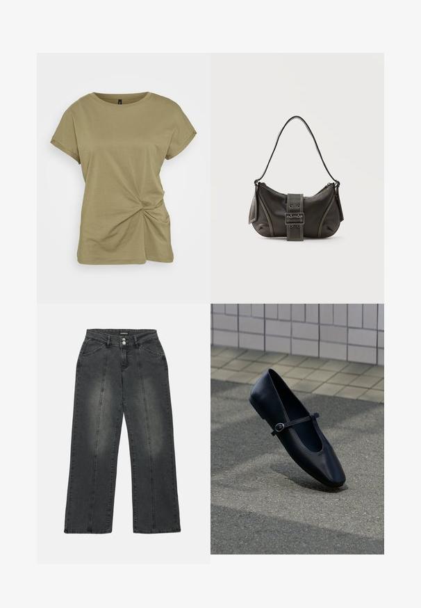 Olivenfarvet T-shirt med korte ærmer lavet af blød bomuld, med en snoet knudedetalje på siden og en ribbet rund halsudskæring.; Viddejeans i mørkegrå denim med høj talje, to frontlommer, midtersøm og diskret falmning på stoffet.; Sort læder Mary Jane flad sko med en lille spænde rem, placeret på en grå asfalt overflade nær en flisebelagt væg.; Sort læder skuldertaske med spænde på remmen, afrundede kanter og kontrasterende hvide syninger på en ensfarvet baggrund.