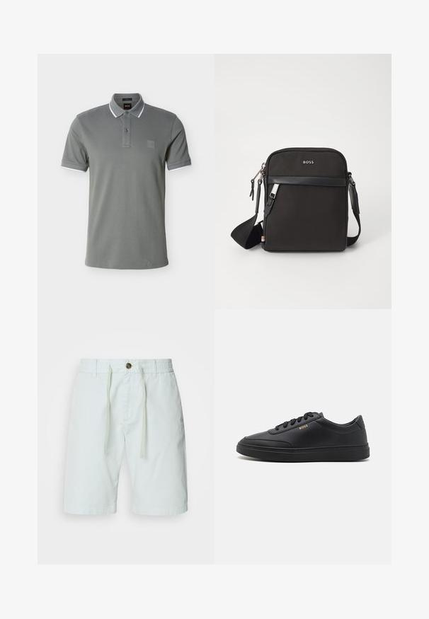 Polo de algodón verde oliva con tapeta de dos botones, acento blanco en el cuello y los puños de las mangas, con un logo cuadrado en el pecho.; Pantalones cortos de algodón verde claro con cinturilla elástica y cordón. Cuenta con un cierre de botón, bolsillos laterales y un corte recto.; Zapatillas de cuero negro con una textura suave, punta redondeada, suela plana de goma y cordones a tono. Presentan el logotipo dorado "BOSS" en el lateral.; Bolso bandolero negro con un tejido texturizado, logo en la parte frontal, cierre de cremallera y correa ajustable. Presenta un ribete de cuero suave.