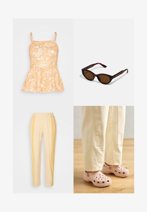 Anna Field Top - orange; SUMMERY Copenhagen FREYA PANTS - Nohavice - coral; Svetloružové gumové dreváky so ventilačnými otvormi, kontúrovaným tvarom a textúrovou podrážkou pre lepšiu priľnavosť. Nosené s svetlobežovými nohavicami.; Hnedé slnečné okuliare v štýle tortoiseshell s vintage cat-eye tvarom a hnedými sklami. Majú zakrivené ramienka s červenými akcentmi.