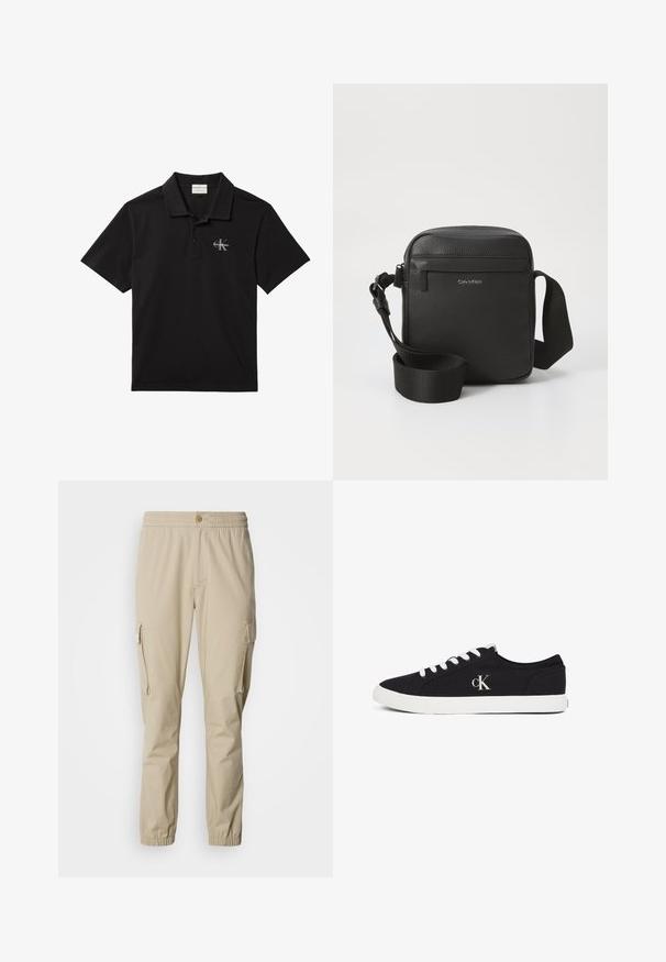 Čierne polokošeľa s krátkym rukávom, golierom a gombíkmi, s malým bielym logom Calvin Klein na ľavej strane hrude.; Béžové cargo nohavice s elastickým pásom, gombíkovým zapínaním, bočnými vreckami a elastickými manžetami na členkoch, vyrobené z ľahkej tkaniny.; Čierna nízka teniska s bielymi šnúrkami a podrážkou, s logom "cK" na boku, zobrazená na bielom pozadí.; Čierna kožená crossbody taška s textúrovaným povrchom, s prednou zipsovou kapsou a nastaviteľným textilným popruhom. Viditeľné logo značky.