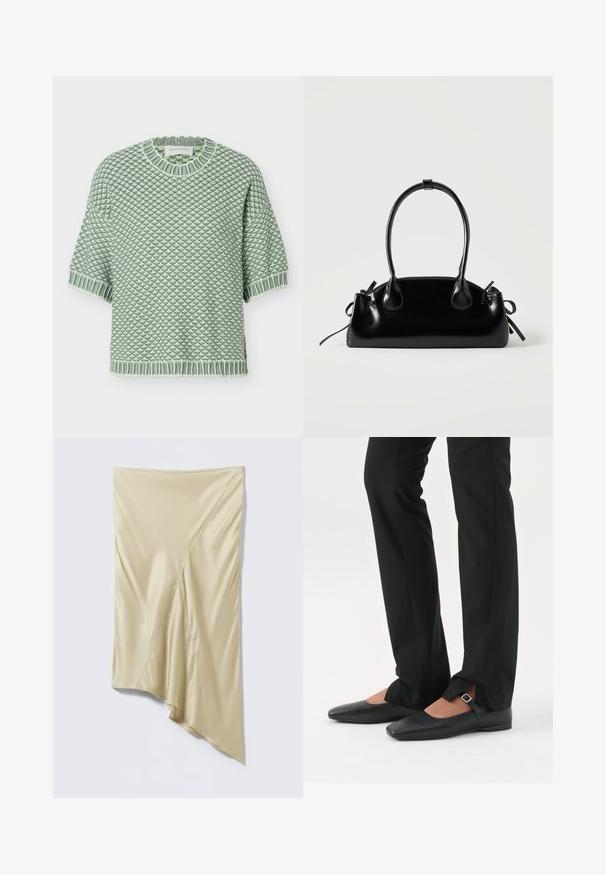 Pull en maille à manches courtes vert et blanc avec un motif géométrique texturé, col, poignets et ourlet côtelés.; Jupe asymétrique en satin beige avec coutures diagonales et ourlet drapé irrégulier sur fond gris clair.; Jambes vêtues d’un pantalon slim noir avec des fentes à l’avant de l’ourlet, assorties à des chaussures plates Mary Jane noires avec une petite bride à boucle.; Petit sac à main noir brillant avec deux longues anses et des détails à cordon sur les côtés sur un fond clair uni.