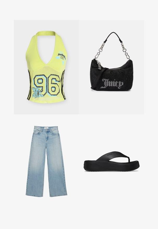 Geel haltertop met een mesh middenstuk, grote zwarte en blauwe "96" en blauwe bloemmotieven, en de tekst "Barbados 96" op de borst.; Lichtblauwe high-waisted wijde jeans met voorzakken, knoopsluiting en riemlussen op een witte achtergrond.; Zwarte flip-flop sandaal met een verhoogde zool, gemaakt van rubbermateriaal. Kenmerkt zich door een teenband en een gestructureerde voetbed voor grip.; Zwarte tas met rhinestone versieringen, een gebogen vorm en een zilveren kettinghandvat. Voorzien van een rits en het "Juicy" logo in het wit.