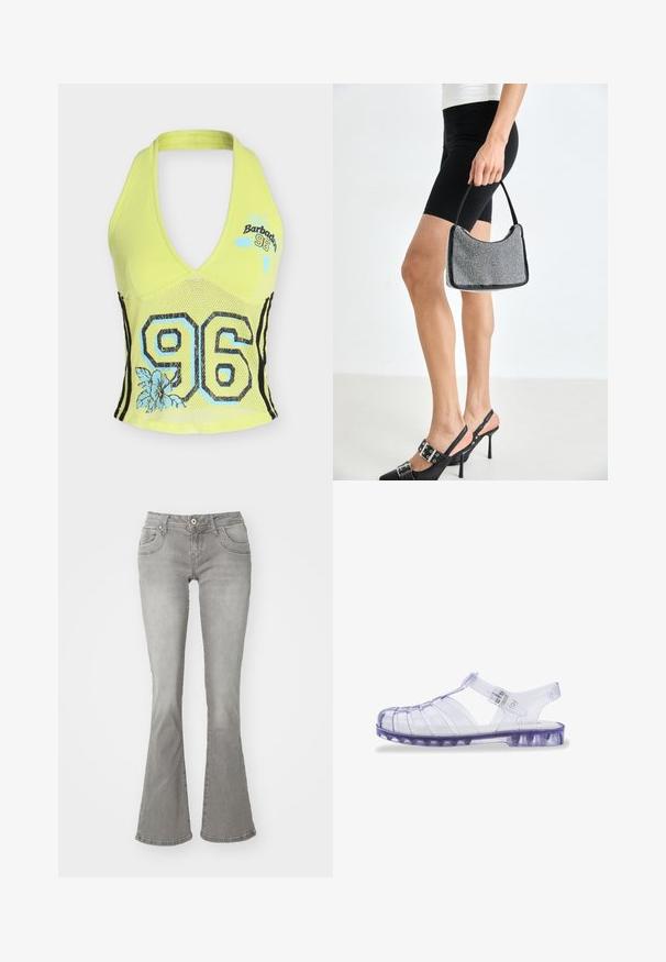 Haut dos nu jaune avec une section en maille au milieu, un grand "96" noir et bleu ainsi que des motifs floraux bleus, et le texte "Barbados 96" sur la poitrine.; Jeans gris évasés avec une taille mi-haute, poches avant et fermeture à bouton, fabriqués en denim avec une texture lisse.; Sandales en plastique transparent violet avec bout fermé, dos ouvert et bride ajustable. Présente des découpes horizontales et verticales.; Sac à main à perles noires avec une silhouette courbée, une poignée de transport et une texture brillante. Porté avec des chaussures à talons hauts noires et un short noir ajusté.