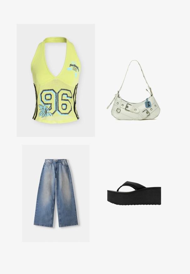Geel haltertop met een mesh middenstuk, grote zwarte en blauwe "96" en blauwe bloemmotieven, en de tekst "Barbados 96" op de borst.; Brede blauwe denim jeans met hoge taille en vervaagde details, plat gelegd op een witte achtergrond.; Zwarte platform teenslipper met dikke, gevoerde zool en brede teenband, zijaanzicht op witte achtergrond.; Witte synthetische handtas met een gebogen silhouet, verstelbare schouderband, decoratieve gesp, zilverkleurige hardware en een blauwe label eraan bevestigd.