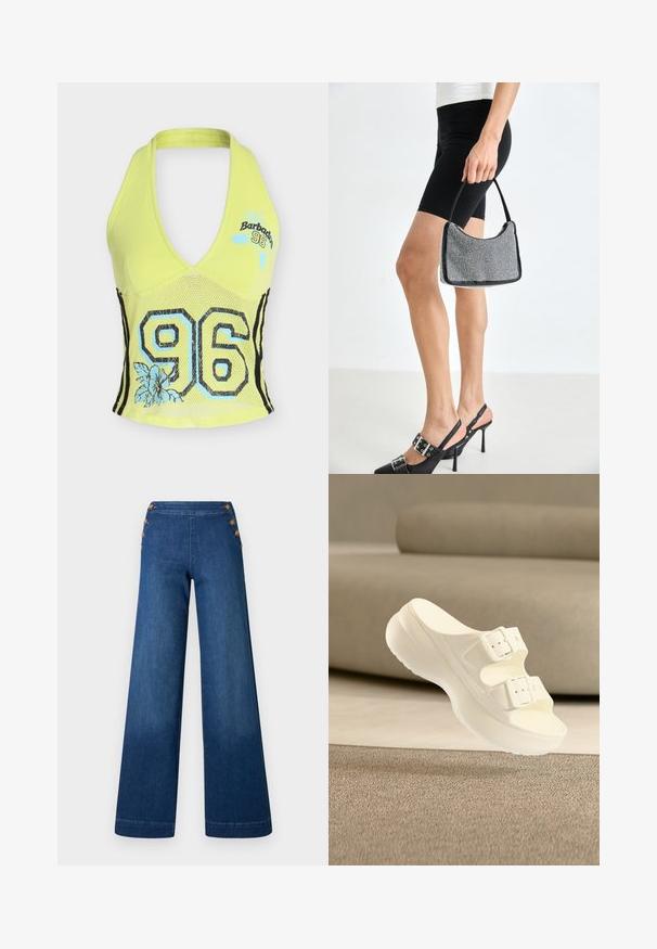 Gul halterneck top med meshinfældet midtersektion, stort sort og blåt "96" samt blå blomsterdesigns og teksten "Barbados 96" på brystet.; Denimbukser med vidde i benene i mørkeblå. Har en flad front med fem knapper i gylden tone til lukning. Glat tekstur med en klassisk finish.; Hvid klipklap med to justerbare spænder og en tyk sål, placeret foran en beige sofa på et tekstureret tæppe.; Sort perlehandtaske med en buet silhuet, bærehåndtag og blank overflade. Båret med højhælede sorte sko og tætsiddende sorte shorts.