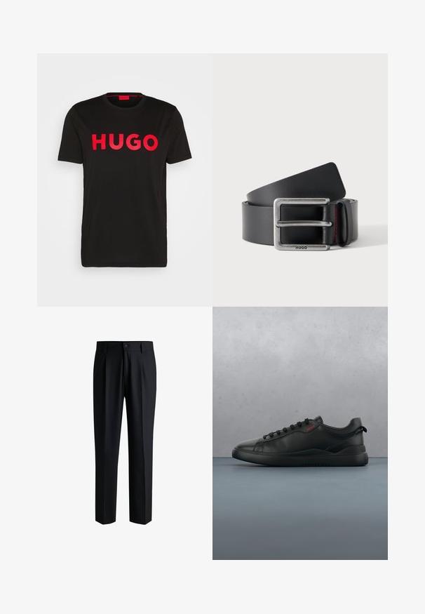 Sort bomulds T-shirt med fed rød "HUGO" tekst foran, korte ærmer, rund halsudskæring og en afslappet pasform.; Sorte bukser lavet af glat stof, med lige ben-design, plisseringer foran og knaplukning med bæltestropper.; HUGO BLAKE - Sneakers - black; Sort læderbælte rullet med et rektangulært sølvspænde indgraveret med "HUGO" og en læderløkke med rød syning.
