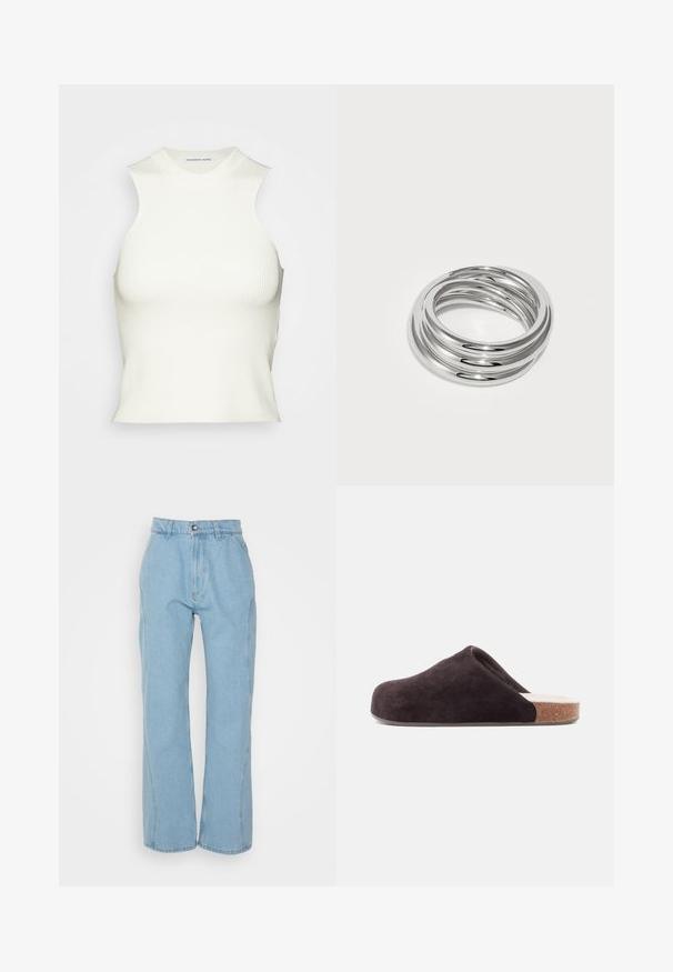 DESIGNERS REMIX MANDY TANK - Μπλούζα - white; Henrik Vibskov PANTS - Straight leg jeans - light indigo denim; Σκούρο καφέ μοκασίνι από σουέντ με στρογγυλεμένη μύτη, βάση από φελλό και λεία υφή. Διαθέτει διακριτική αντίθεση υλικού στη φτέρνα.; Ασημένιο δαχτυλίδι με πολλές αλληλοσυνδεόμενες ζώνες που διαθέτει λεία, ανακλαστική επιφάνεια και γυαλιστερό φινίρισμα, δημιουργώντας έναν ρευστό σχεδιασμό.