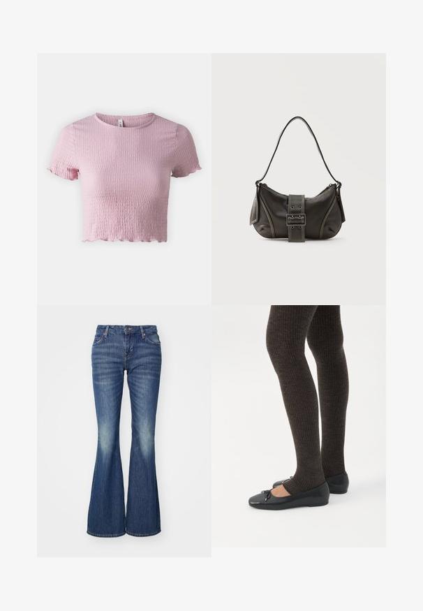ONLY ONLNADIE - T-shirt basique - bleached mauve; Jean bleu évasé en denim avec un effet délavé, présentant des poches classiques et une fermeture à un bouton.; Jambes portant des leggings côtelés foncés associés à des ballerines noires avec de petits détails en nœud sur fond blanc.; Sac à épaule en cuir noir avec une sangle à boucle, des bords arrondis et des coutures blanches contrastées sur un fond uni.