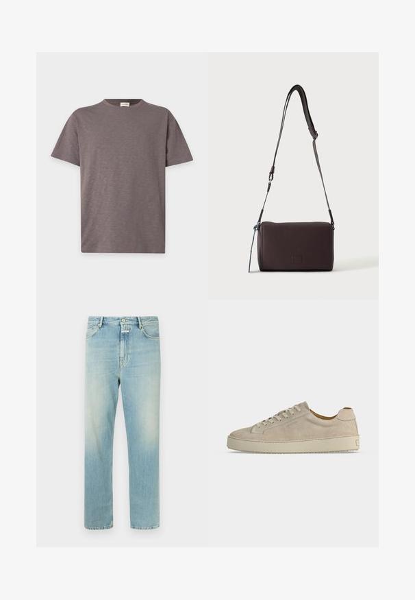 T-shirt uni à manches courtes et col rond, couleur marron atténuée avec une texture subtile et un petit logo près du bas à droite.; Jean droit bleu clair en denim, présentant un design classique à cinq poches, des surpiqûres contrastantes et une fermeture par bouton à la taille.; Baskets basses beiges en daim avec fermeture lacée et semelle épaisse en caoutchouc, vues de profil sur fond blanc uni.; Sac bandoulière en cuir marron foncé texturé avec une sangle réglable et un petit accent décoratif bleu sur le côté.