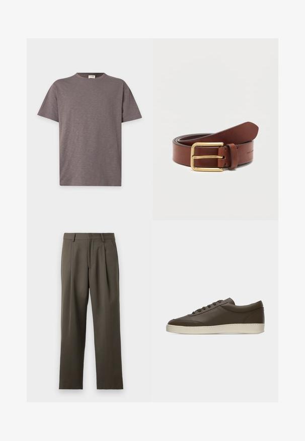 T-shirt uni à manches courtes et col rond, couleur marron atténuée avec une texture subtile et un petit logo près du bas à droite.; Pantalons de couleur vert olive foncé, coupe ajustée, devant plissé, tissu léger, design à jambes droites, avec une texture lisse et sans embellissements visibles.; Baskets basses en cuir marron foncé avec lacets sur le devant et semelle en caoutchouc couleur crème, vues de côté extérieur sur fond blanc.; Ceinture en cuir marron avec boucle rectangulaire dorée, roulée sur un fond blanc uni.