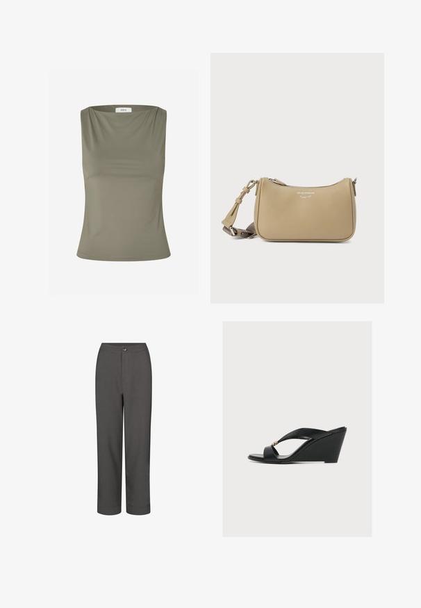 Top sin mangas de color verde oliva hecho de tela suave y lisa. Presenta un escote redondeado y una forma ajustada, con un dobladillo limpio.; Pantalones de vestir grises con un diseño de pierna recta, textura suave, cierre frontal con botón y dobladillos zurcidos para un aspecto ajustado.; Sandalia cuña negra con punta abierta y tiras cruzadas, con pequeño detalle decorativo dorado en la tira superior sobre un fondo liso.; Bolso bandolera de cuero beige con superficie texturizada, cierre de cremallera y correa ajustable. Incluye detalle del logo cerca de la parte superior.